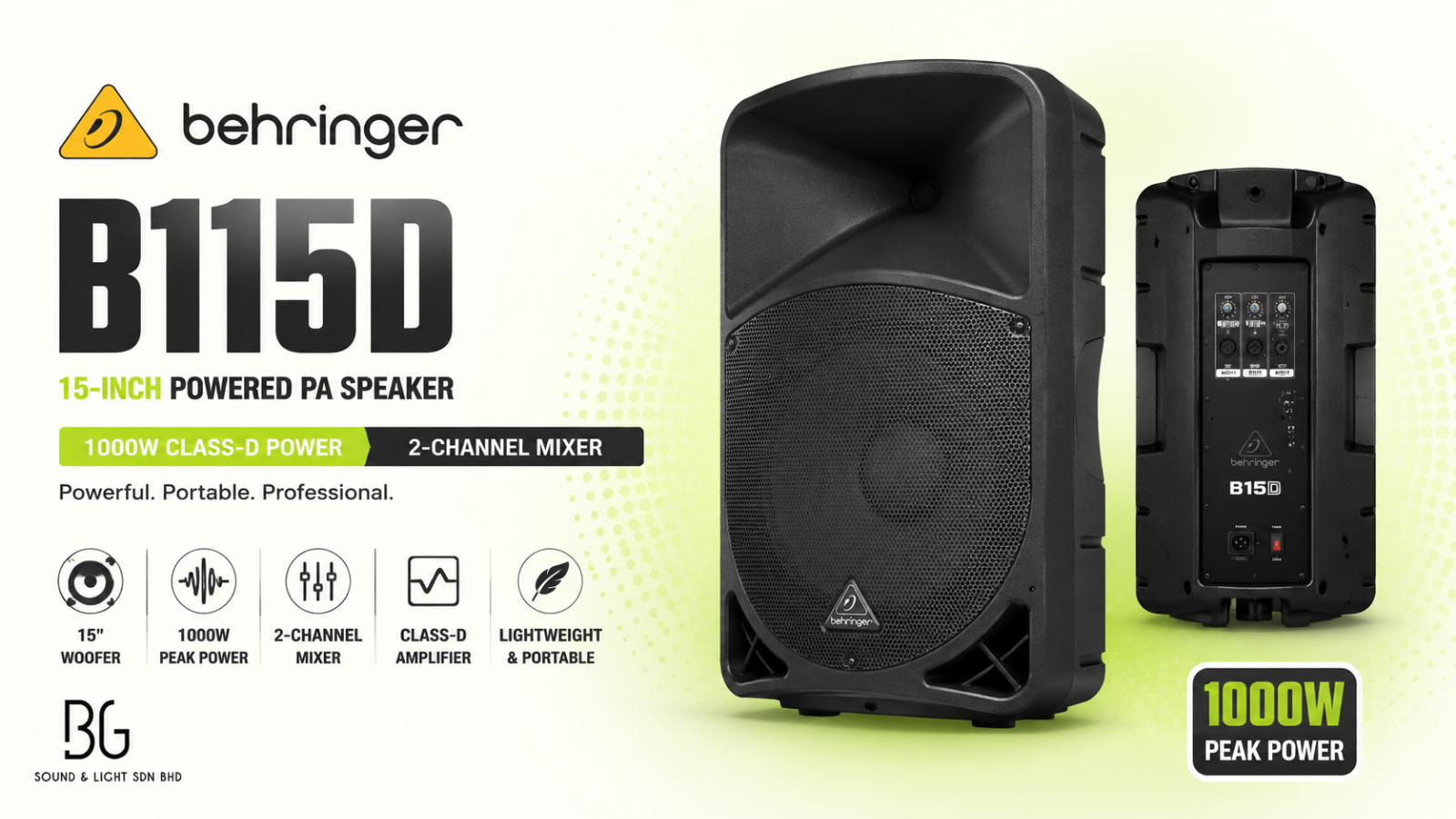 Behringer B115D – 15-Inch 1000W Powered PA Speaker with Class-D Amplifier & 2-Channel Mixer