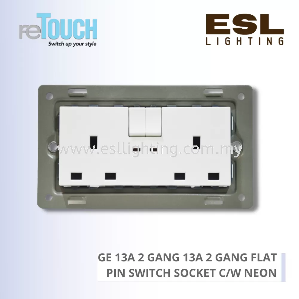 RETOUCH GRAND ELEMENTS - GE INTERMEDIATE - GE 13A 2 GANG - E/SO213N-GW – 13A 2 GANG FLAT PIN SWITCH SOCKET C/W NEON