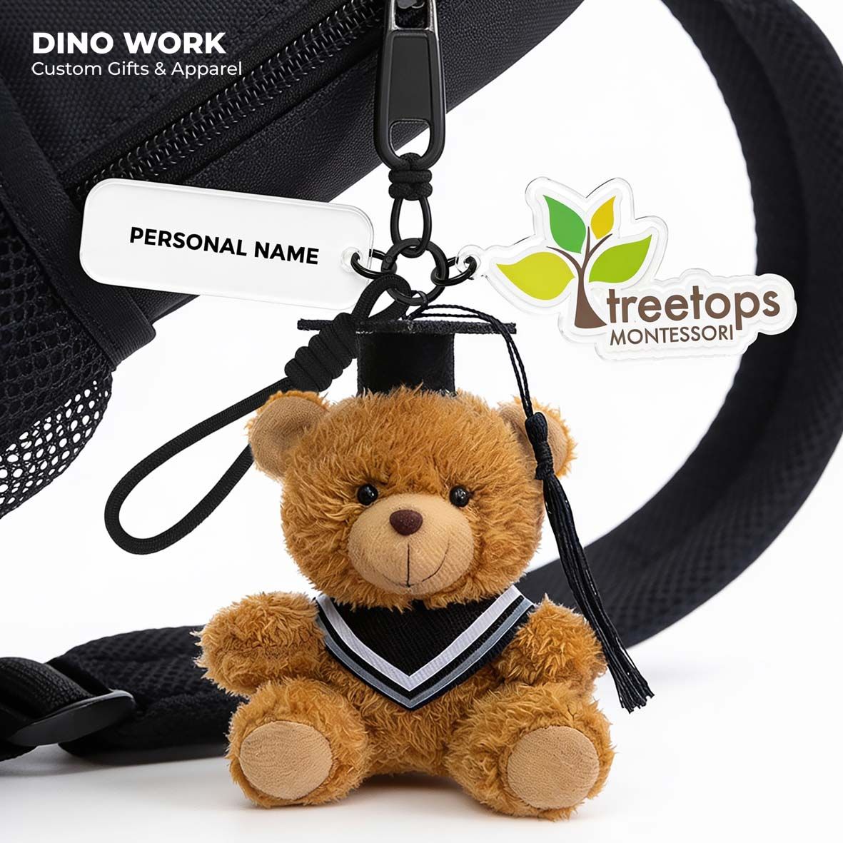 Custom Graduation Plush Bag Charm with Acrylic School Logo & Name Tag