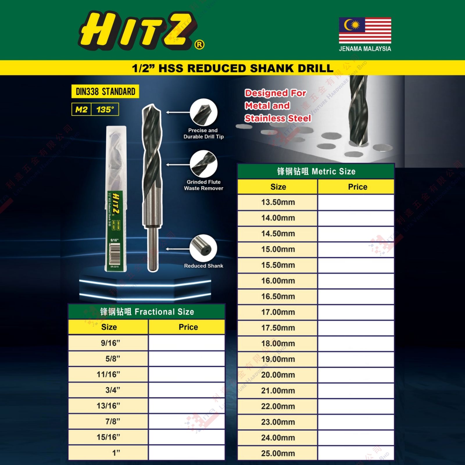 HITZ BRAND HSS REDUCED SHANK DRILL - SIN338
