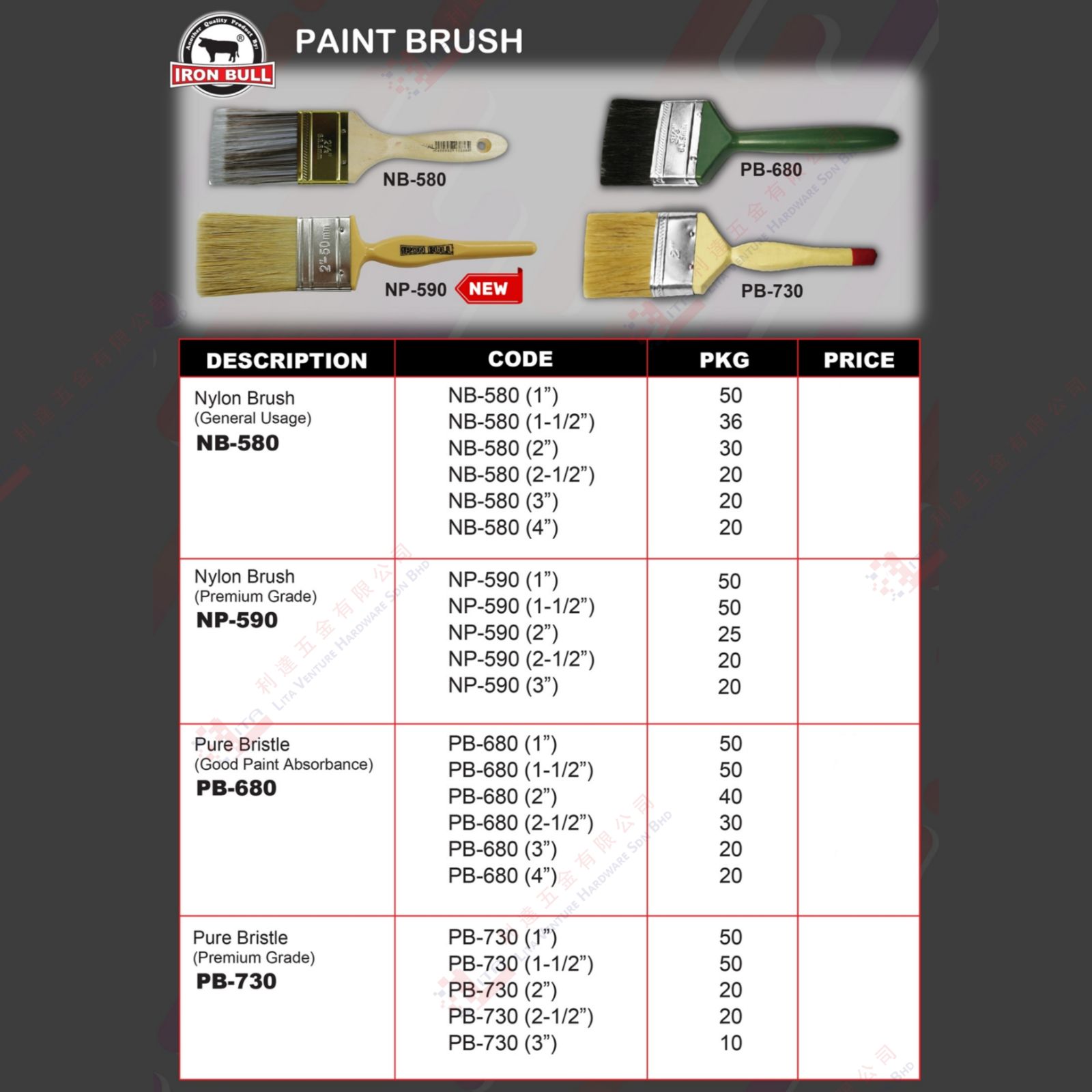 IRON BULL BRAND PAINT BRUSH - NB580 NP590PB680 PB730