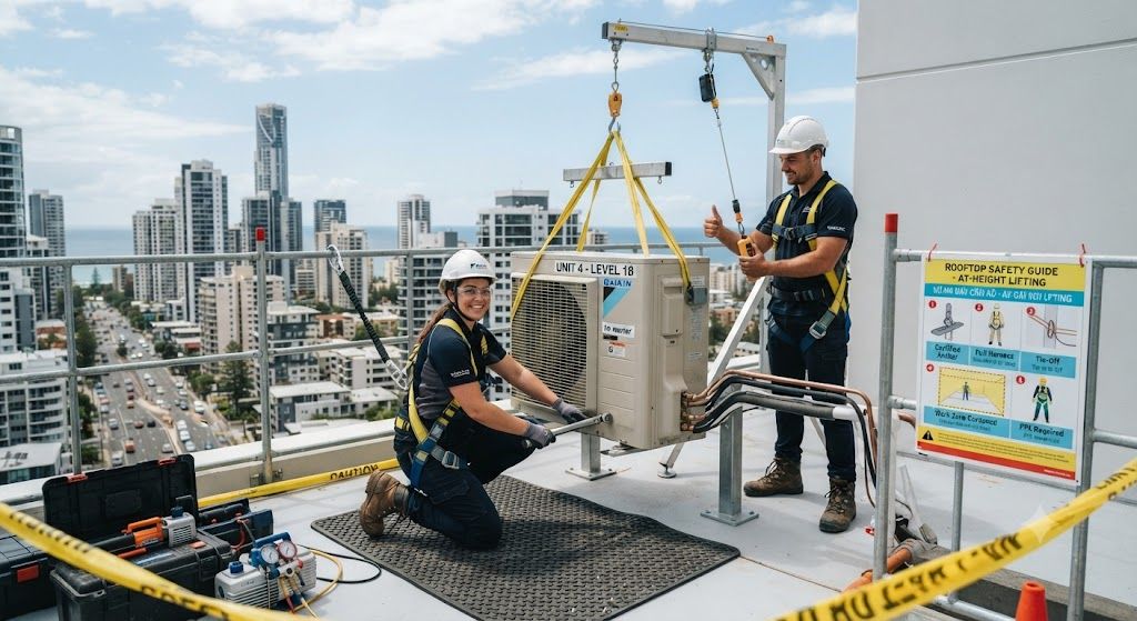 safe handling of AC condenser at rooftop height