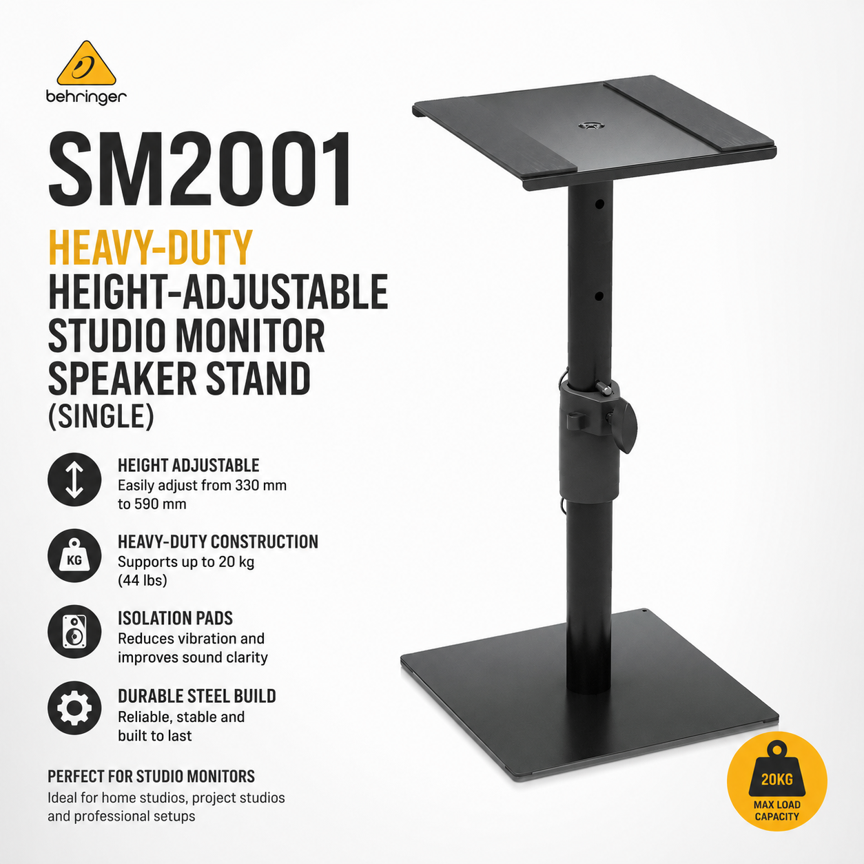 Behringer SM2001 – Heavy-Duty Height-Adjustable Studio Monitor Speaker Stand (Single)