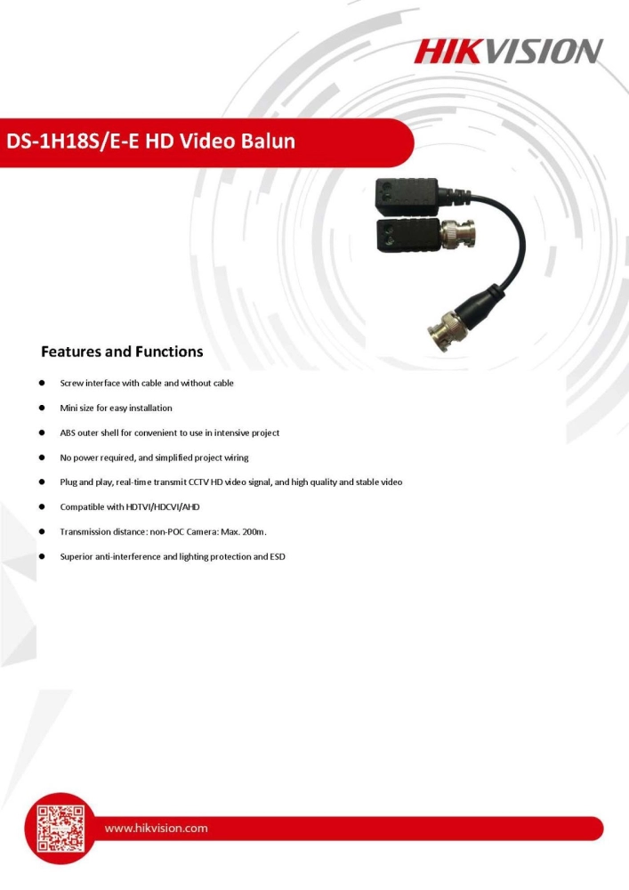 HIKVISION Video Balun CCTV Transmits TVI Signal Via UTP Cable 1 Set HDTVI/HDCVI/AHD/CVBS - DS-1H18S/E-(C)