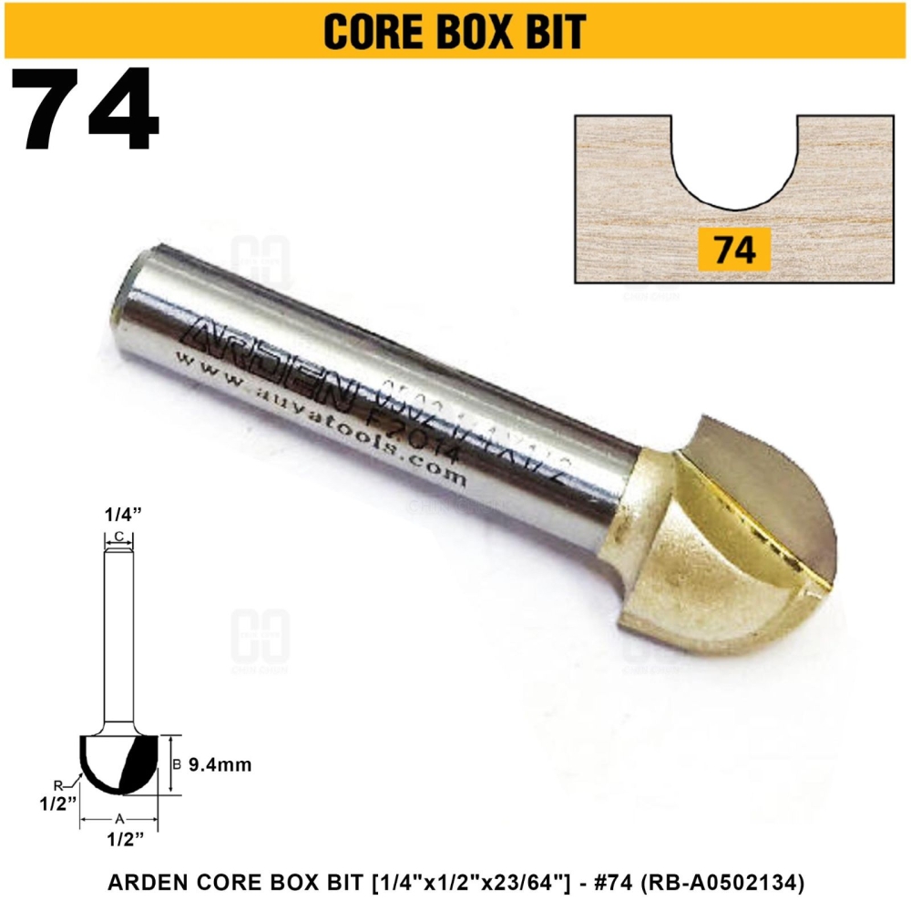 ARDEN CORE BOX BIT 1/4"x1/2"x23/64" #74 (RB-A0502134)