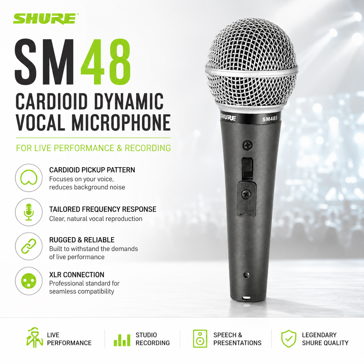 Shure SM48 Mikrofon Vokal Dinamik Kardioid untuk Persembahan Langsung & Rakaman