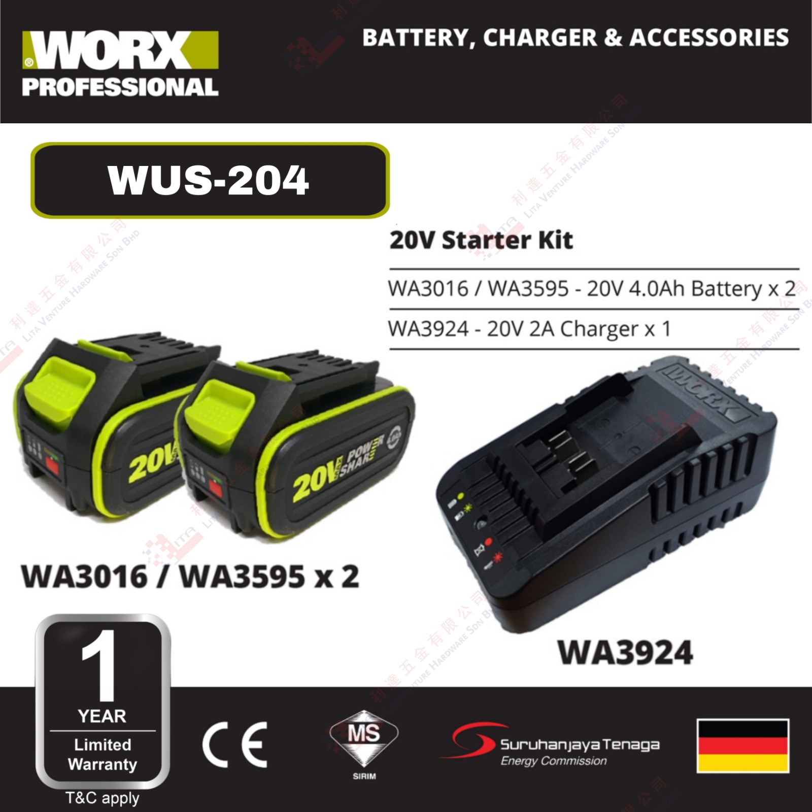 WORX BRAND 20V STARTER KIT - WA3016 WA3595X2