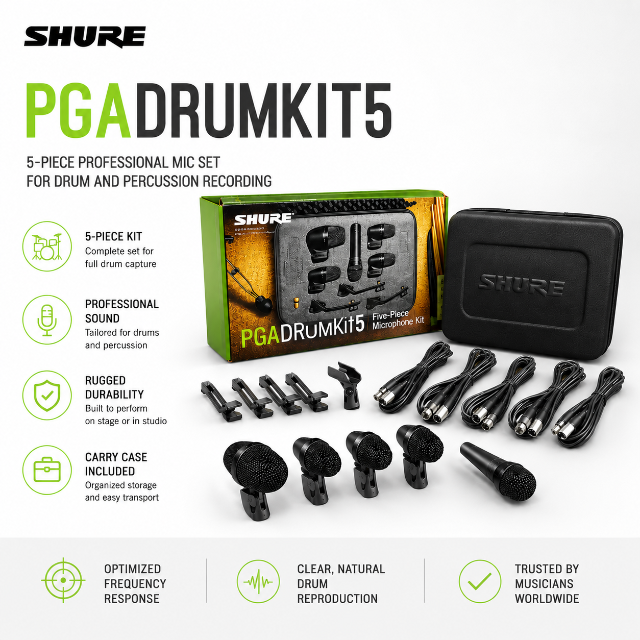 Shure PGADRUMKIT5 架子鼓麦克风套装 – 专业 5 支装鼓与打击乐录音话筒套装