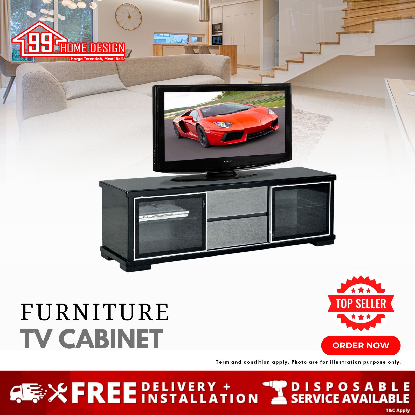 TV CABINET WITH HIGH GLOSS GLASS (BLACK COLOR)