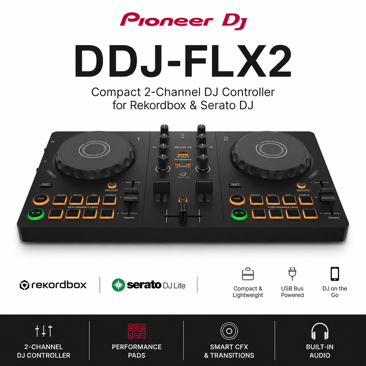 Pioneer DDJ-FLX2 Compact 2-Channel DJ Controller for Rekordbox & Serato DJ