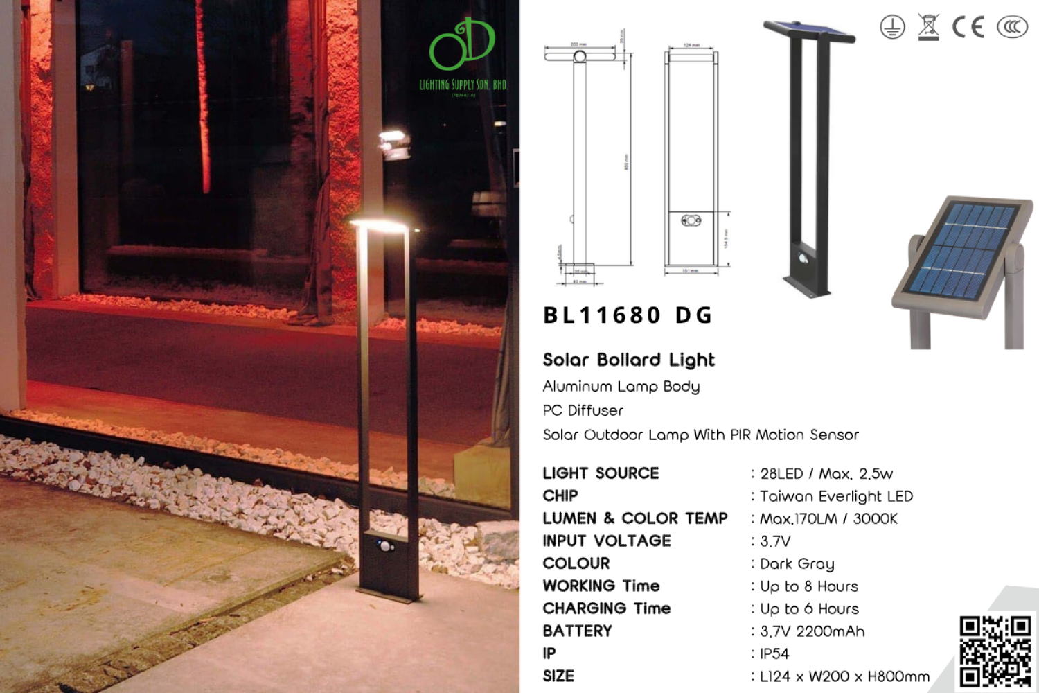 Outdoor Solar Bollard Light (BL11680 DG)