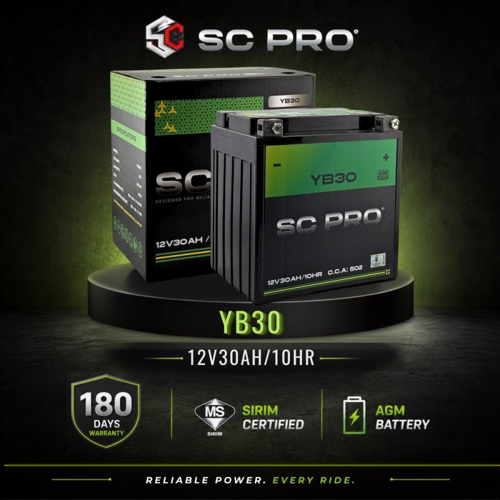 YB30L-BS SC PRO - BATERI Harley Davidson 1803 CVO FLH(TOURING)2007-2016/1870 CVO FLH SERIES 2017-2019/1340 FL,FLH(TOURING)1997-1998/1450FL,FLH SERIES(TOURING)1999,2000-2006/1584 FL,FLH SERIES(TOURING)2007-2010