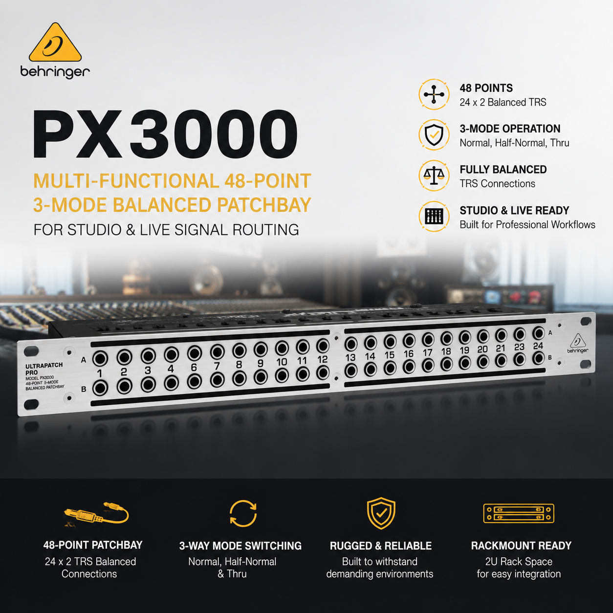 Behringer PX3000 – Patchbay Seimbang 48 Titik 3-Mod Serbaguna untuk Studio & Sistem Audio Langsung