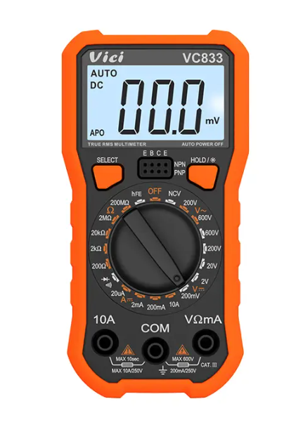 Vici VC833 Manual ranging, True RMS, NCV tests, Data hold, Backlight.