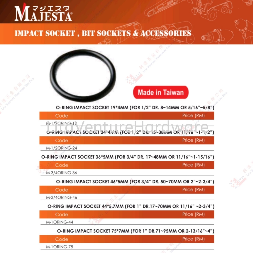 MAJESTA BRAND O RING IMPACT SOCKET - M12ORING19 M12ORING24 M34ORING36 M34ORING46 M1ORING44