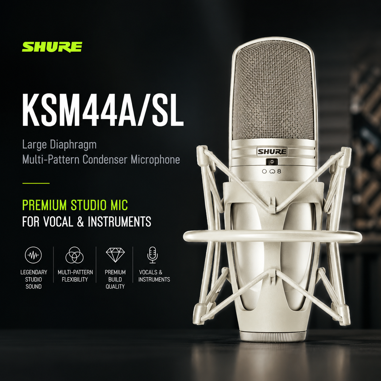 Shure KSM44A/SL Mikrofon Pemeluwap Multi-Corak Diafragma Besar – Mikrofon Vokal & Alat Muzik Studio Premium