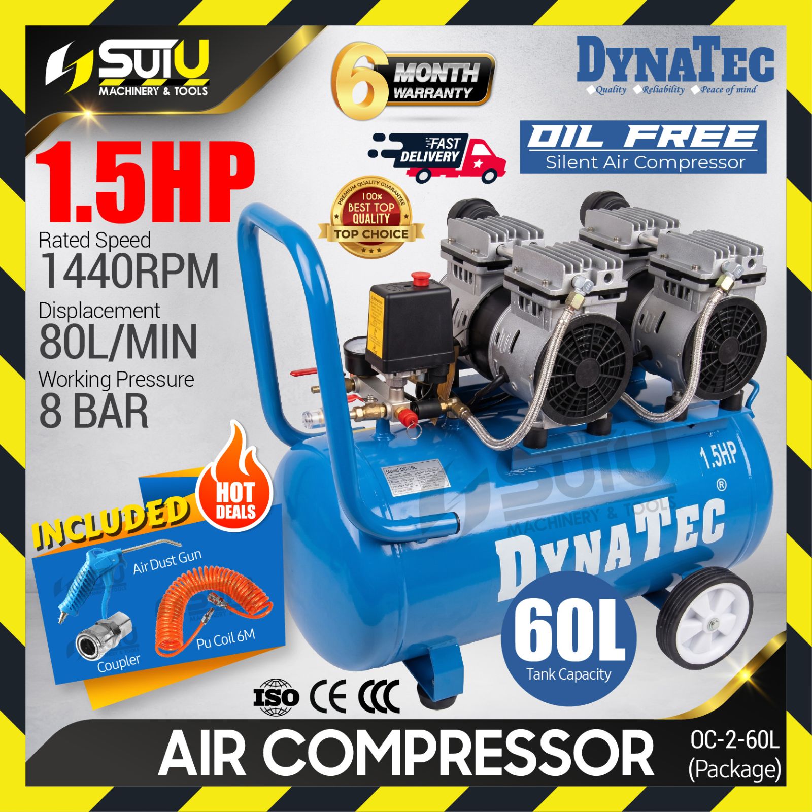 [PACKAGE] DYNATEC OC-2-60L / OC260L 1.5HP 60L Oil Free Oilless Air Compressor 1100W
