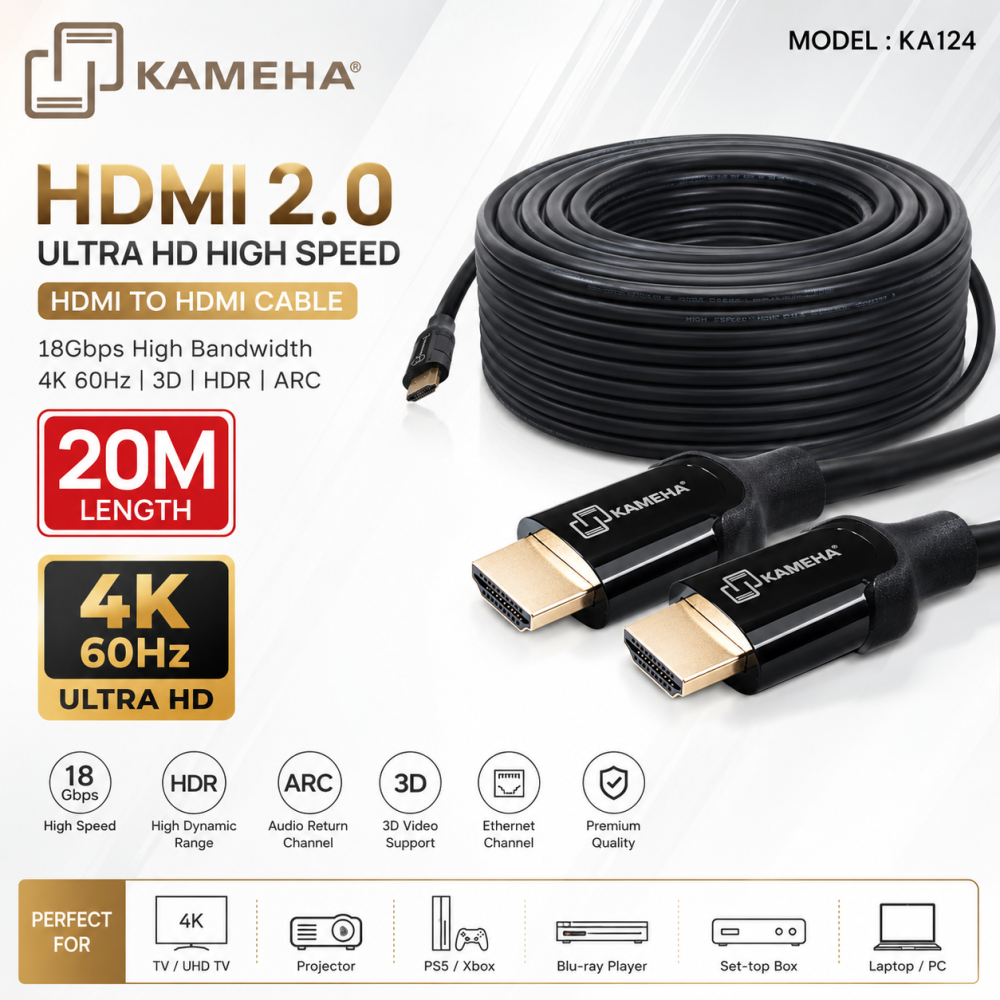 KAMEHA KA124 HDMI 2.0 Cable 20M 4K 60Hz Ultra HD High Speed HDMI to HDMI 18Gbps Long Cable