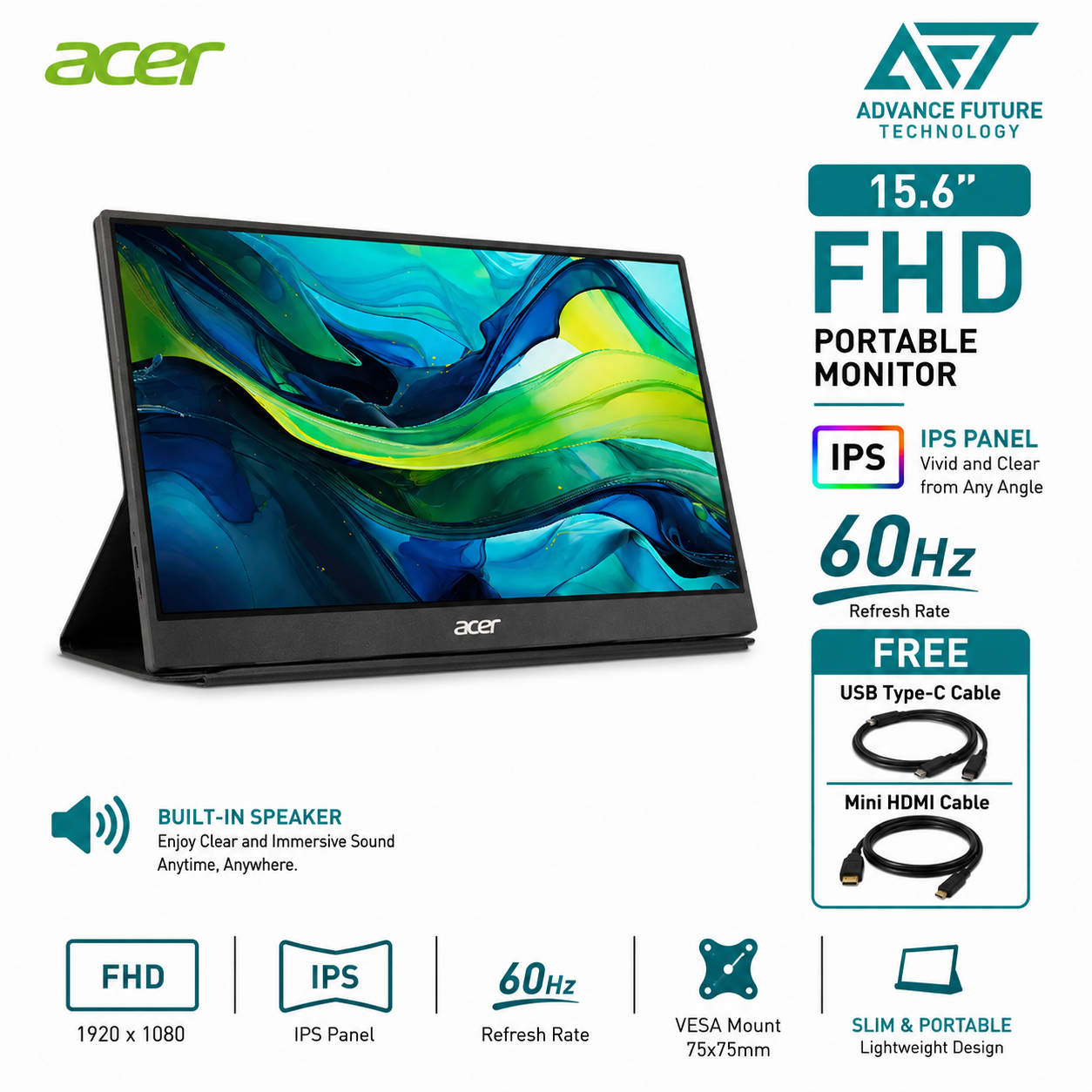 Acer PM161QB 15.6'' FHD IPS 60Hz Portable Monitor ( Speaker, mini HDMI, USB-C, 3 Years Warranty )
