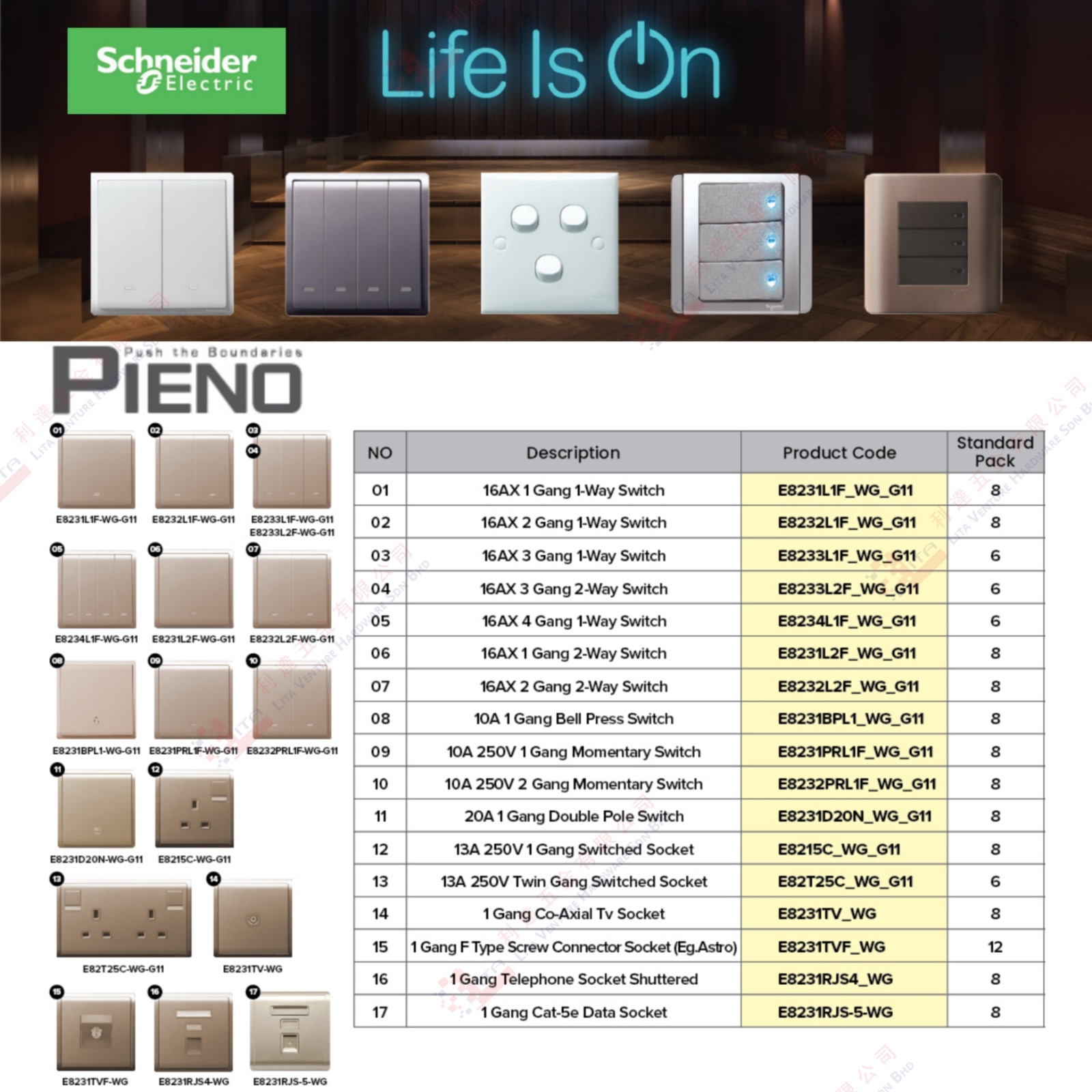 PIENO BRAND SWIICH SOCKET - E8231L1FLSG11 E8232L1FLSG11 E8233LFLEG11 E8234L1FLSG11 E8234L2FLSG11 E8231L2FLSG11 E8232L2FLSG11 E8231BPL1LSG11  ..E8231RJS5WG