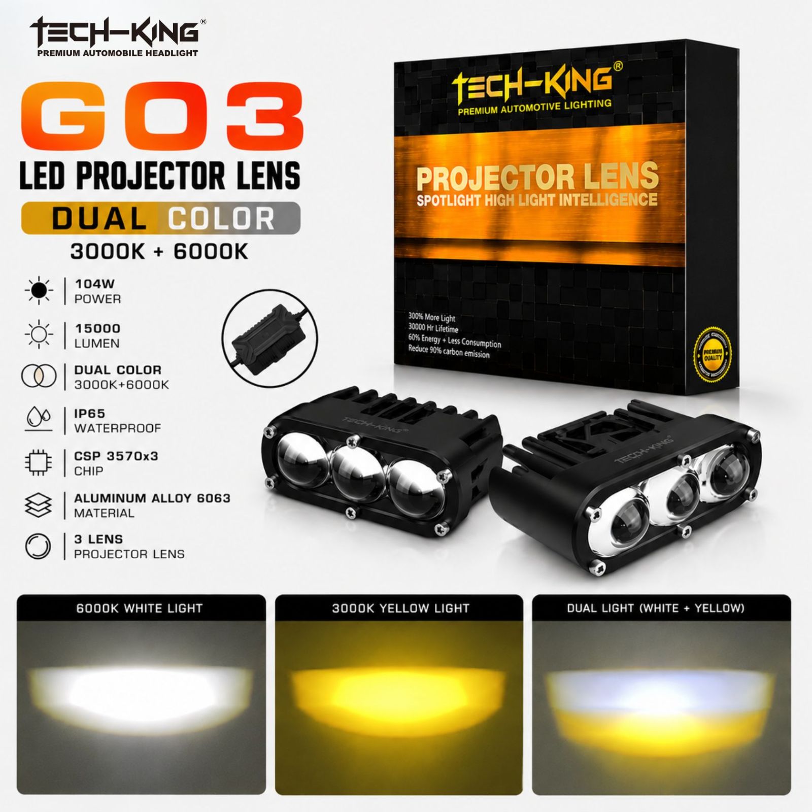TECH KING G03 WHITE/YELLOW SPOTLIGHT LED PROJECTOR LENS 104W
