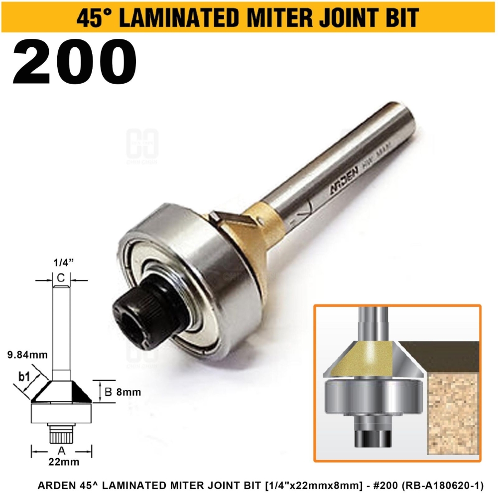 ARDEN 45掳 LAMINATED MITER JOINT BIT 1/4"x22mmx8mm #200 (RB-A180620-1)