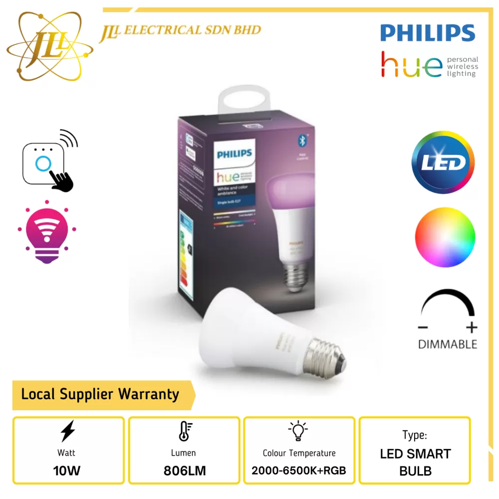 PHILIPS HUE 10W 220-240V 806LM A60 E27 WHITE AMBIANCE AND RGB DIMMABLE  SMART LED HUE LIGHT BULB (SMART LIGHT) PHILIPS LIGHTING PHILIPS WIZ SMART  LIGHT Kuala Lumpur (KL), Selangor, Malaysia Supplier, Supply
