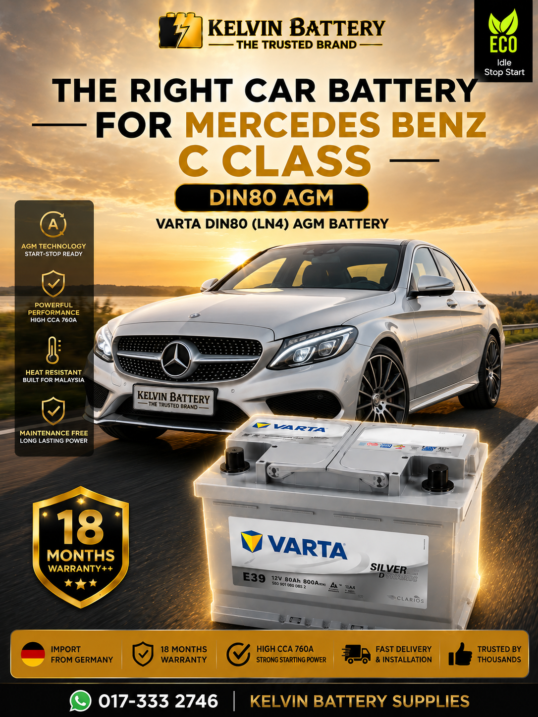 VARTA DIN80/LN4 AGM Battery 80Ah 800CCA | BMW Mercedes Audi Battery Replacement Malaysia