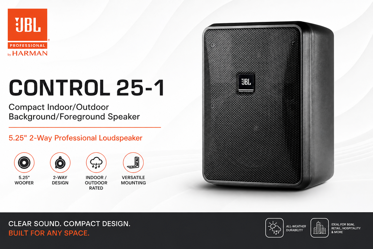 JBL Control 25-1 – 室内/室外紧凑型背景/前景音箱 (5.25英寸双向专业扬声器)