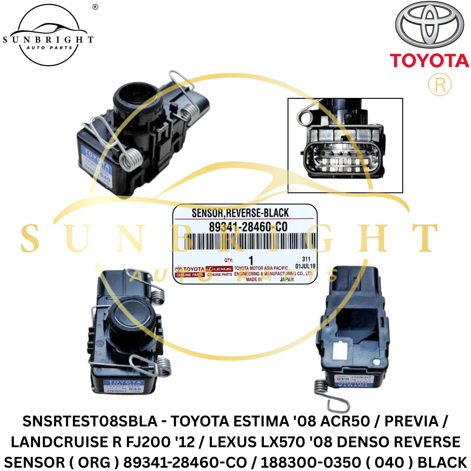 SNSRTEST08SBLA - TOYOTA ESTIMA '08 ACR50 / PREVIA / LANDCRUISE R FJ200 '12 / LEXUS LX570 '08 DENSO REVERSE SENSOR ( ORG ) 89341-28460-CO / 188300-0350 ( 040 ) BLACK
