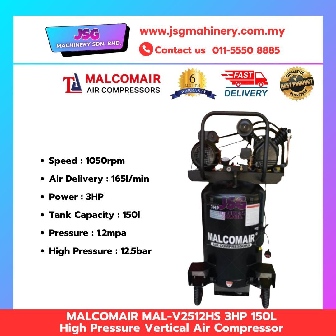 MALCOMAIR MAL-V2512HS 3HP 150L 12BAR High Pressure Vertical Air Compressor 240V