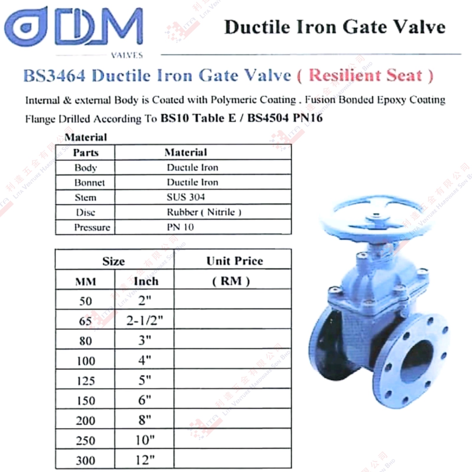 DLM BRAND DUCTILE IRON GATE VALVE - BS3464