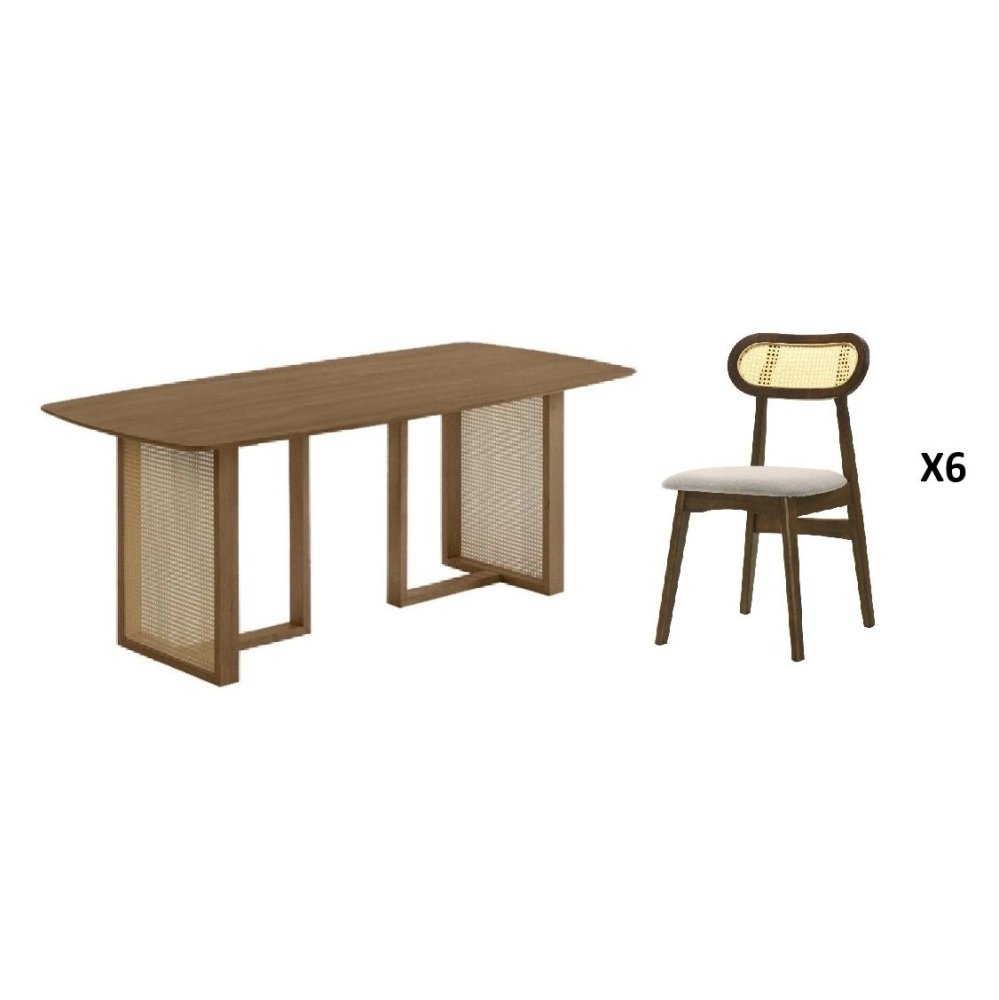 Noka Dining Set (180cm L Table + 6 Chair) - Walnut