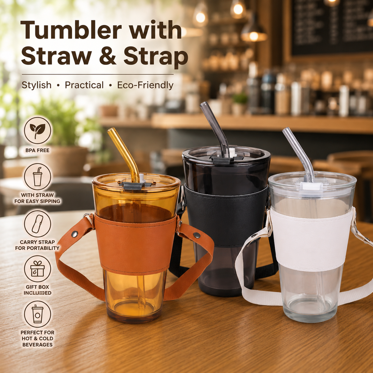 Portable Tumbler with PU Leather Sleeve & Strap 4482 (Glass Mug)