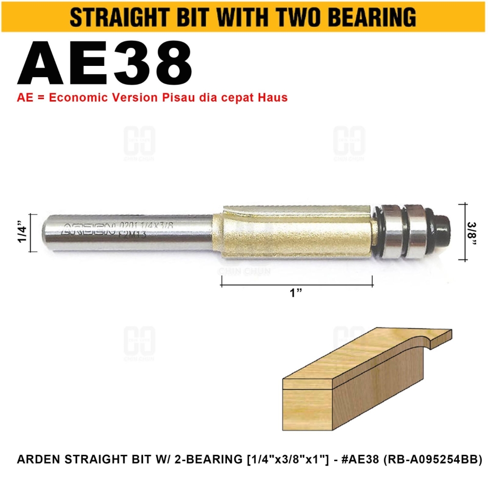 ARDEN STRAIGHT BIT W/ 2-BEARING 1/4"x3/8"x1" #AE38 (RB-A095254BB)