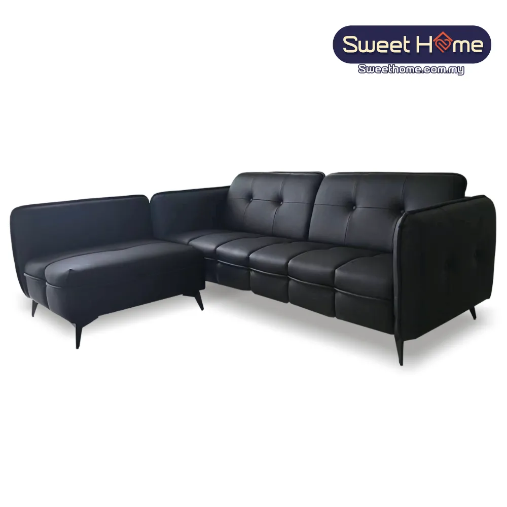 Black Leather Classic L Shape Sofa