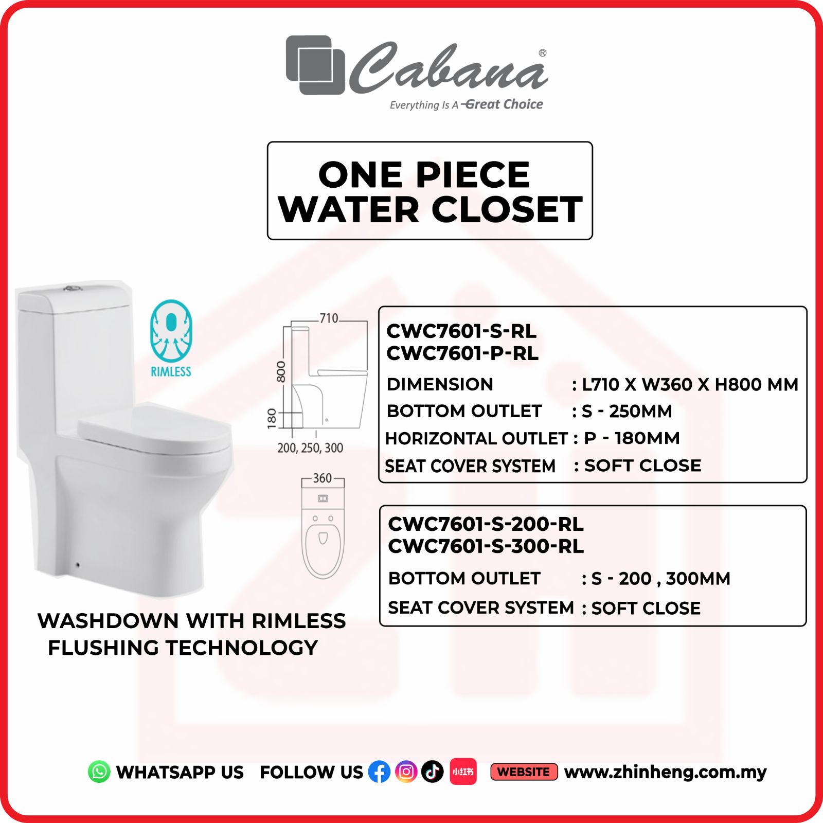 Cabana One Piece Water Closet Washdown With Rimless Flushing Technology CWC7601-S-RL , CWC7601-P-RL, CWC7601-S-200-RL , CWC7601-S-300-RL