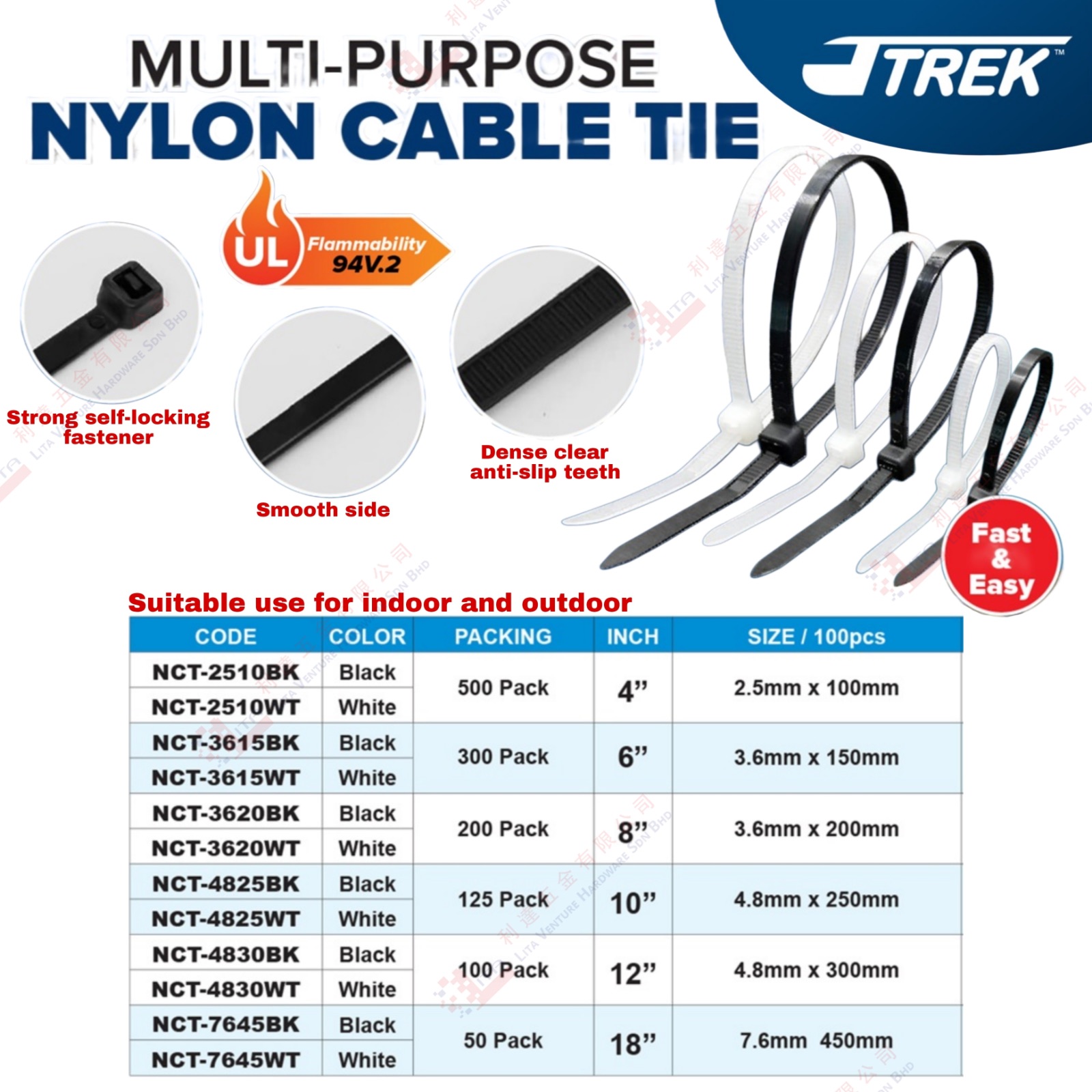 MULTI PURPOSE NYLON CABLE TIE - NCT2510BK NCT2510WT NCT3615BK NCT3615WT NCT3620BK NCT3620WT NCT4825BK NCT4825WT NCT4830BK NCT4830WT NCT7645BK NCT7645WT