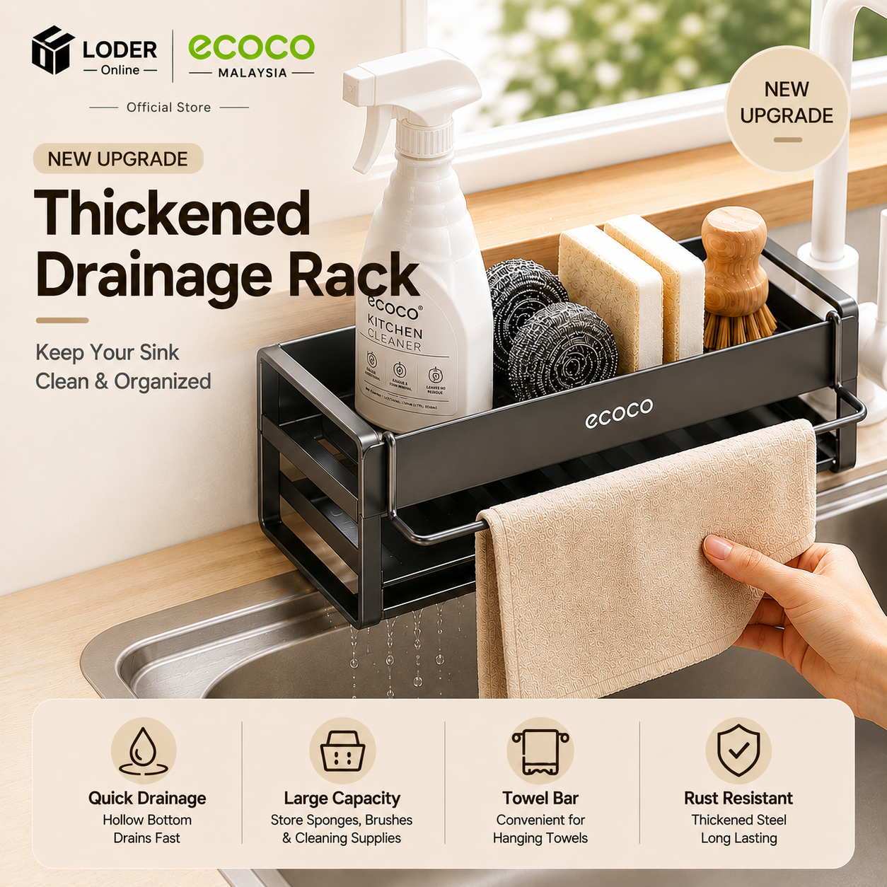 LODER ECOCO Sink Drain Rack Kitchen Organizer Steel Sponge Holder Faucet Storage Shelf With Towel Bar