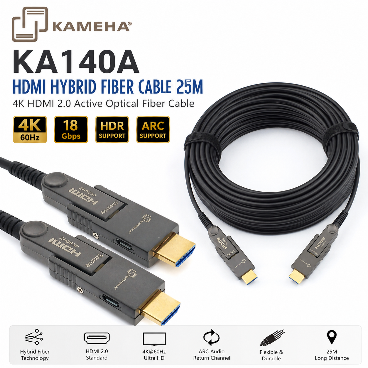 KAMEHA KA140A HDMI 2.0 混合光纤线 25米 – 4K HDMI 高清光纤连接线