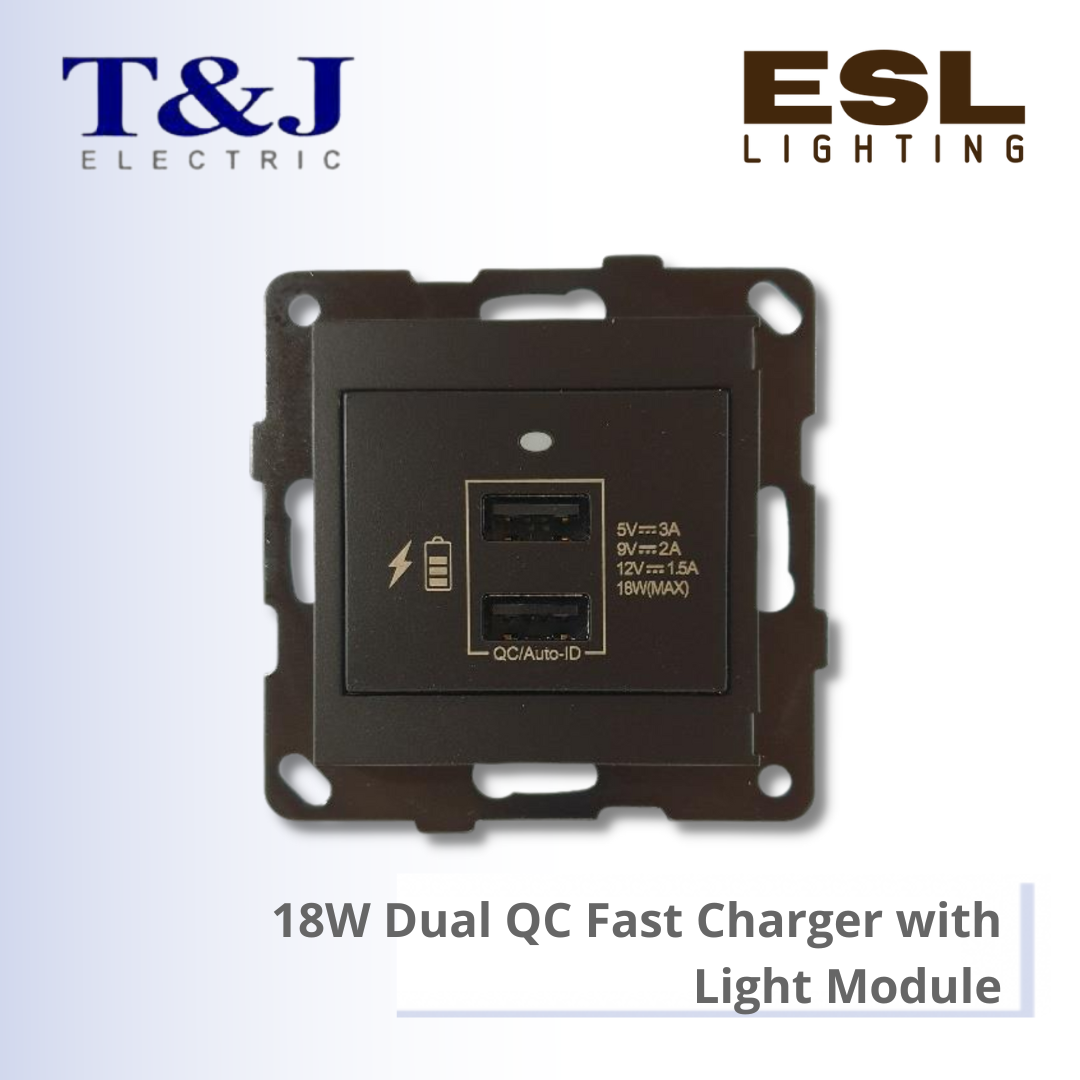 T&J LAVINA"95" SERIES 18W Dual QC Fast Charger with Light Module - JC8332LUSB-W-LWH / JC8332LUSB-W-LBL