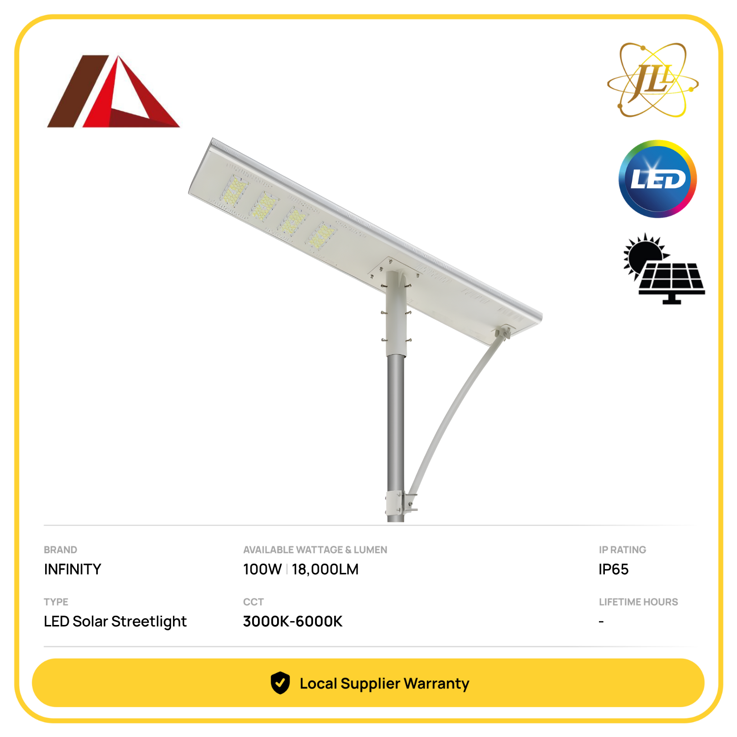 INFINITY INF-SSL-100W JKR EMAL SPEC ALL IN ONE SOLAR LED STREETLIGHT 18000LM 3000K-6000K CRI70 IP65 (5YEARS WARRANTY)