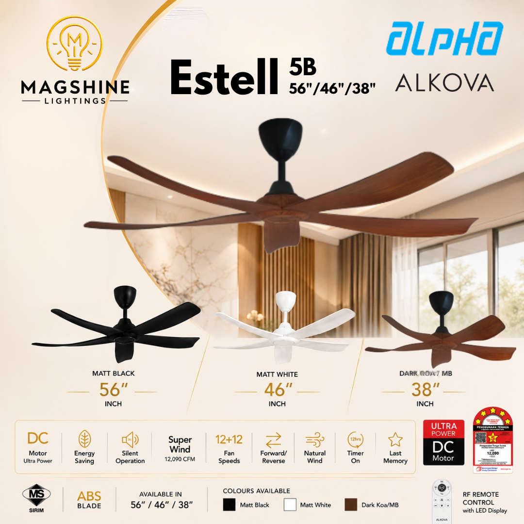ALPHA ALKOVA ESTELL 5B 56''/46''/38'' INCH CEILING FAN 3 COLOURS