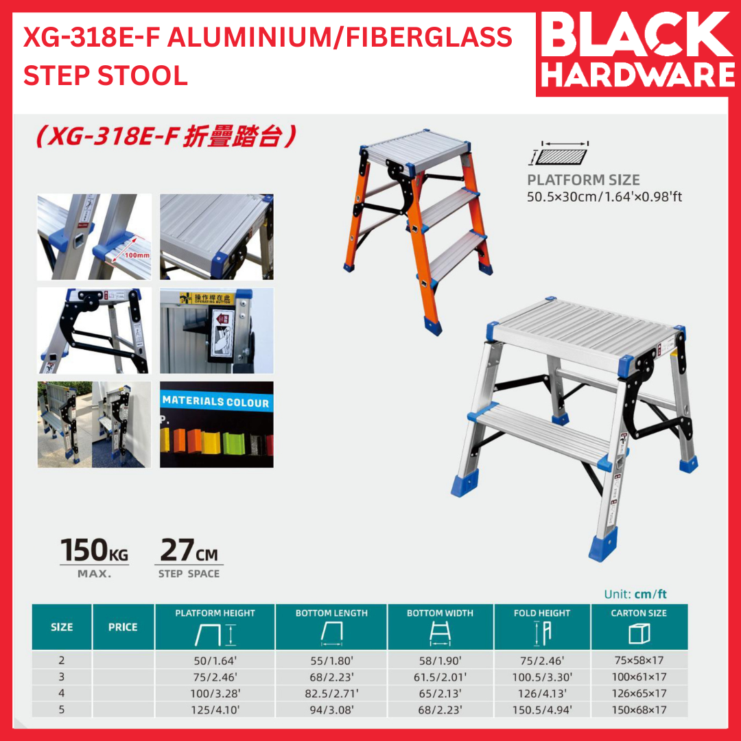 BlacK Hardware TONGDA XG-318E-F Aluminium/Fiberglass Step Stool | Heavy-Duty Non-Conductive Utility Ladder