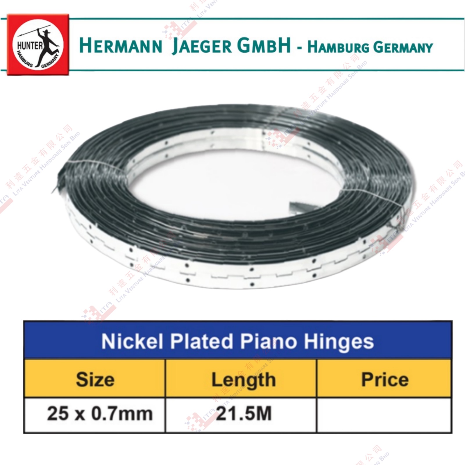 HUNTER BRAND NICKLE PLATED PIANO HINGES