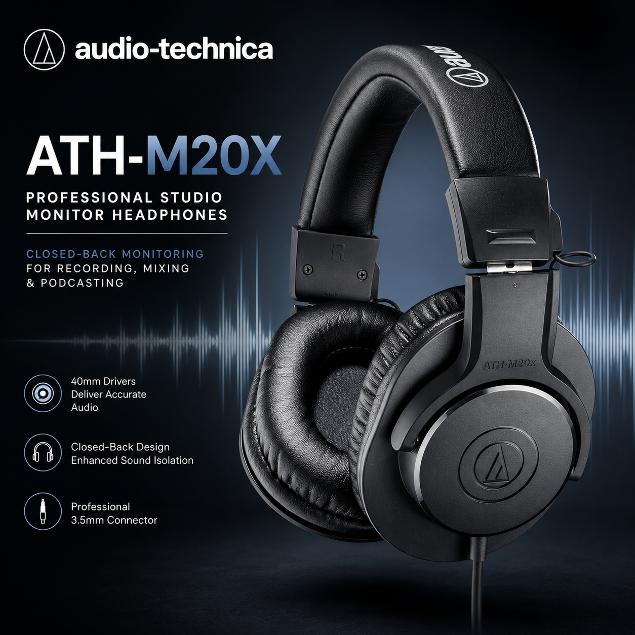 Audio-Technica 铁三角 ATH-M20X 专业录音室监听耳机｜封闭式录音、混音、播客与音乐制作耳机
