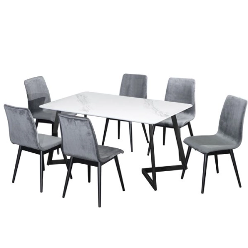 VANCOUVER-V HAY Dining Set (1 + 6) Marble White Top / Black Leg / 898 Ink