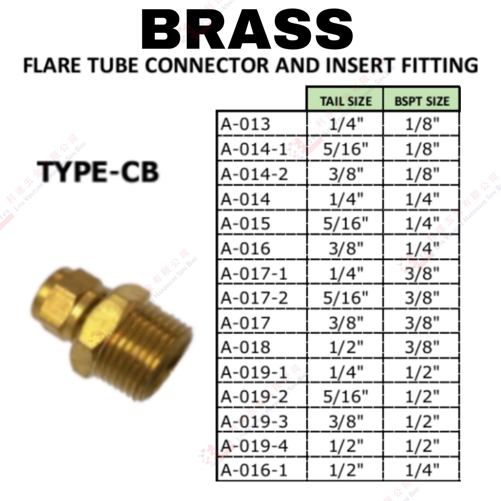 BRASS FLARE TUBE CONNECTOR AND INSERT FITTING TYPE CB -  A013 A0141 A0142 A014 A015 ...A0161