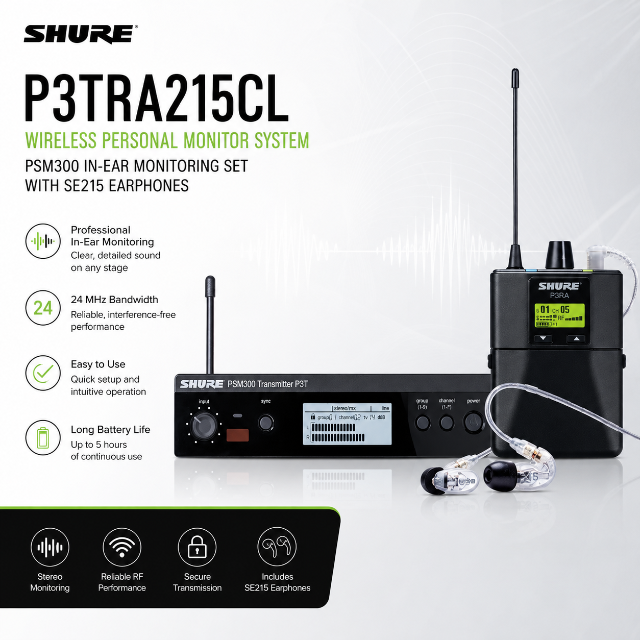 Shure P3TRA215CL Wireless Personal Monitor System – PSM300 In-Ear Monitoring Set with SE215 Earphones