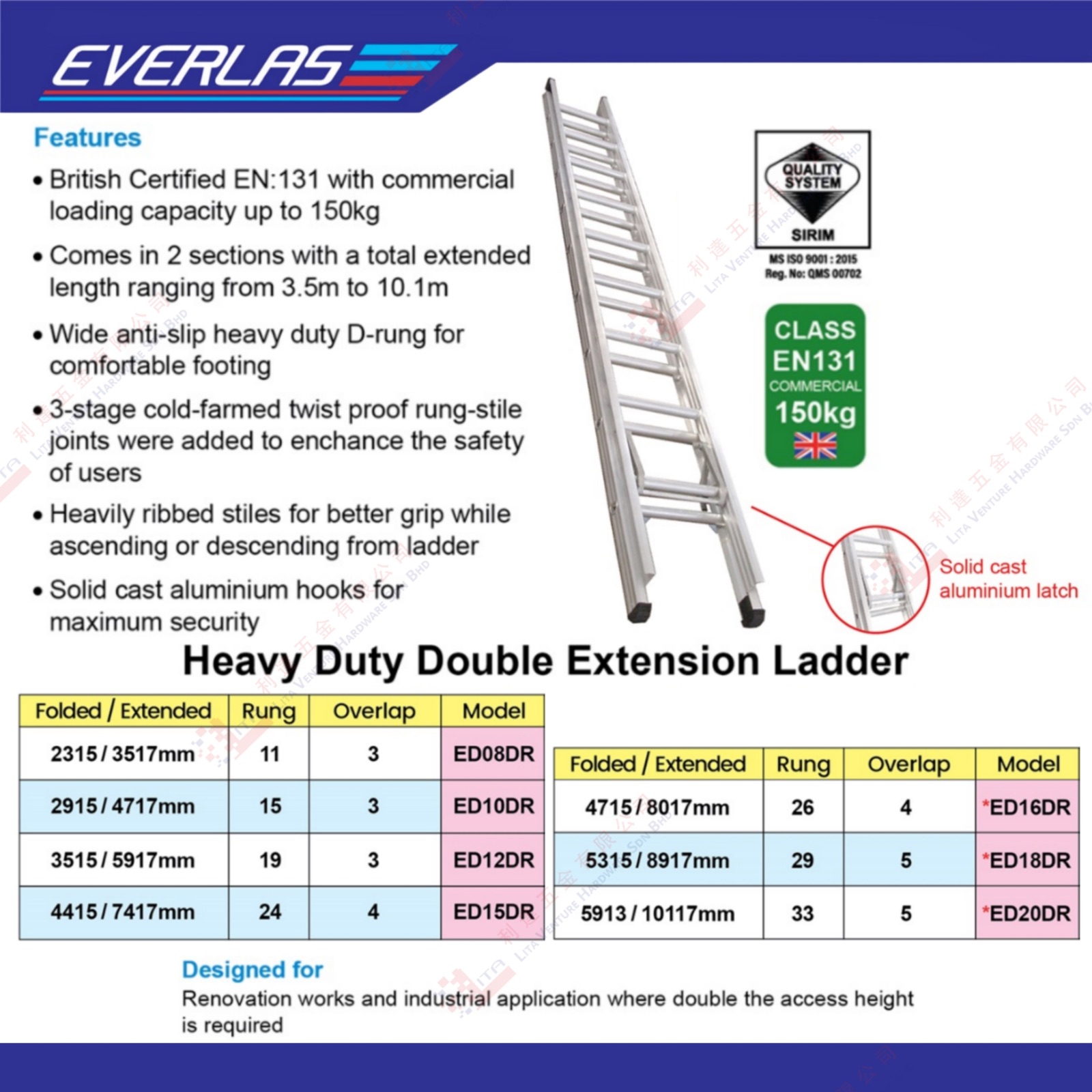 EVERLAS BRAND DOUBLE EXTENSION LADDER - ED08DR ED10DR ED12DR ED15DR ED16DR ED18DR ED20DR